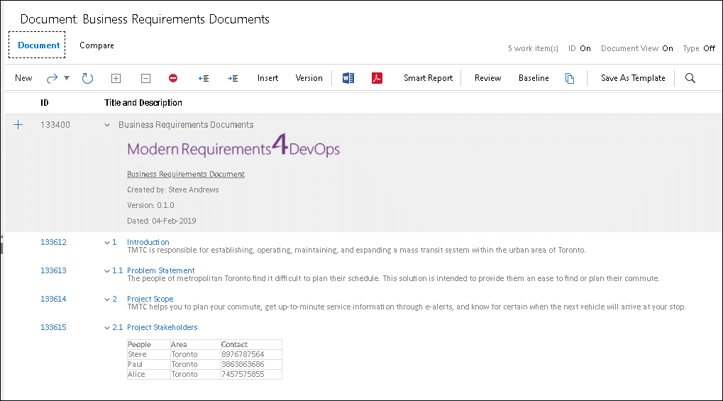 Screenshot of ModernRequirements4DevOps handling non functional requirements using its SmartDocs feature.