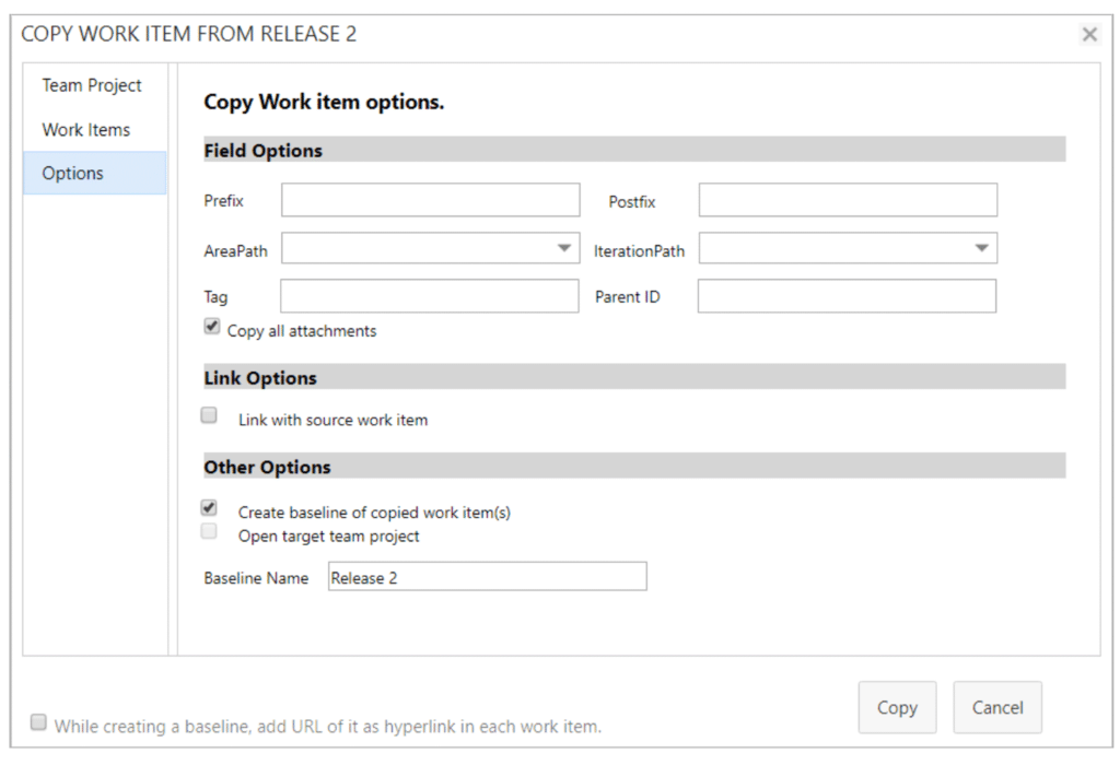 Screenshot of ModernRequirements4DevOps copying work items from an earlier project for reuse.