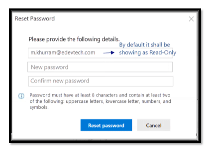 Screenshot showing how to reset password in Modern Requirements Review Management tool