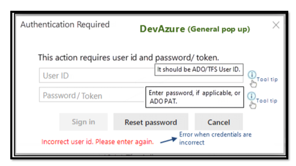 Screenshot showing how to enter MR credentials in Modern Requirements Review Management tool