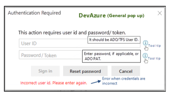 Screenshot showing how to enter MR credentials in Modern Requirements Review Management tool