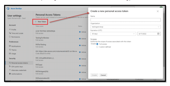 Screenshot showing how to create and save a personal access token in Modern Requirements Review Management tool