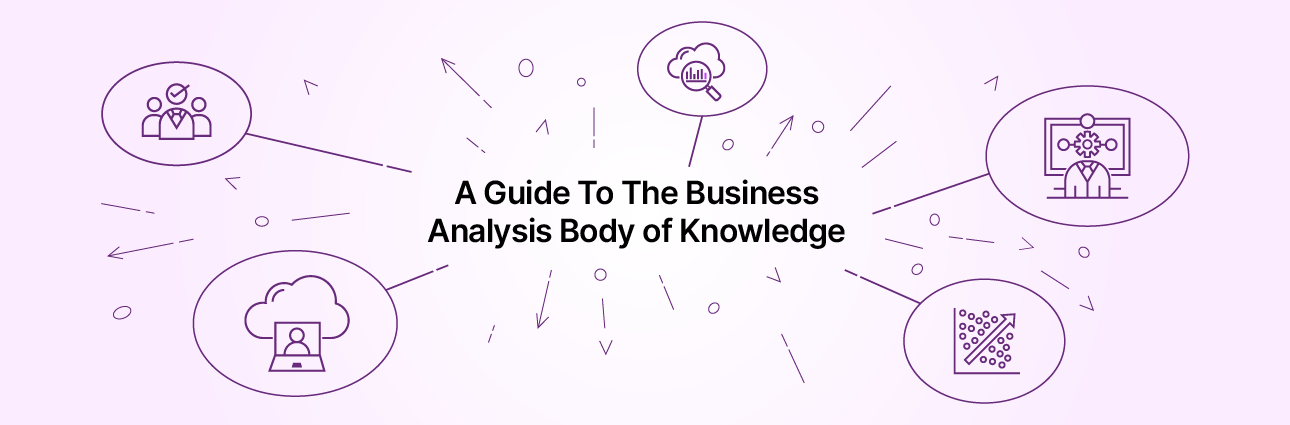 BABOK Guide graphic showing queries, connectivity, project tracking, cloud, and team collaboration.