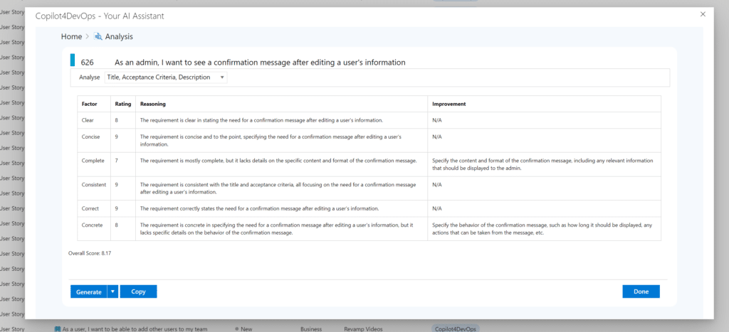 Copilot4DevOps analyzing a written requirement for quality.