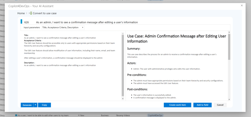 Copilot4DevOps returning use case with summary, actors, pre-conditions, and post-conditions on the right of the screen.