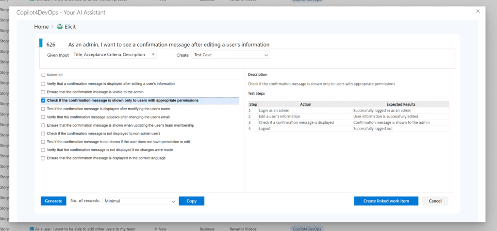 Modern Requirements AI requirements management tools generating additional detail for a requirements.