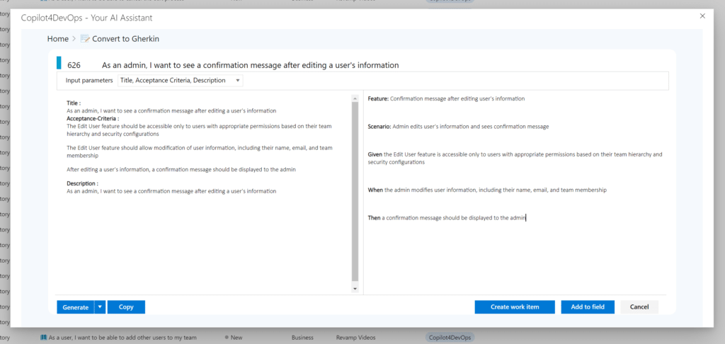 User interface with Gherkin syntax generated by AI on the right hand side from requirements data on the left.