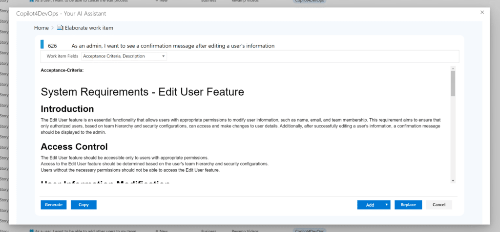 Modern Requirements AI requirements management tools generating additional detail for a requirements.