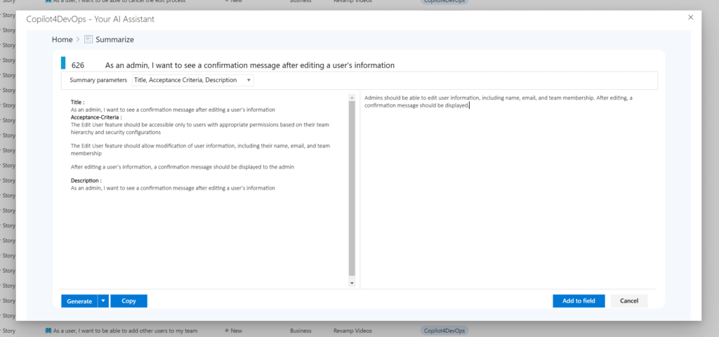 Copilot4DevOps briefly summarizing longer requirements documentation.