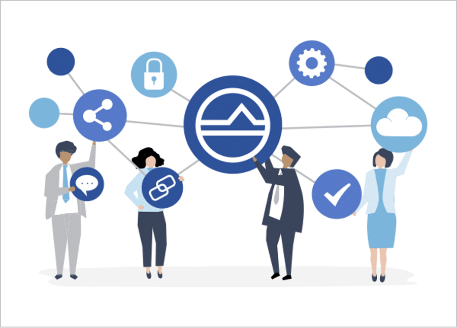 Illustration of Modern Requirements' baselining capability as an icon connecting to other icons like a lock, a sprocket, a cloud, a check mark, a link, a share, and a message.