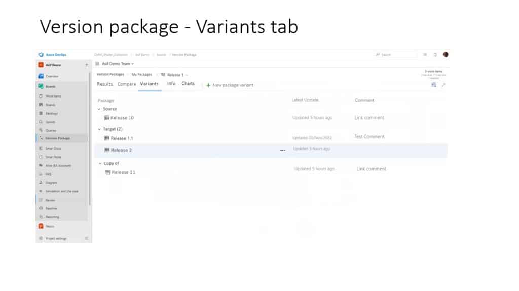 Viewing release and version history on the Version Package tab in Modern Requirements.