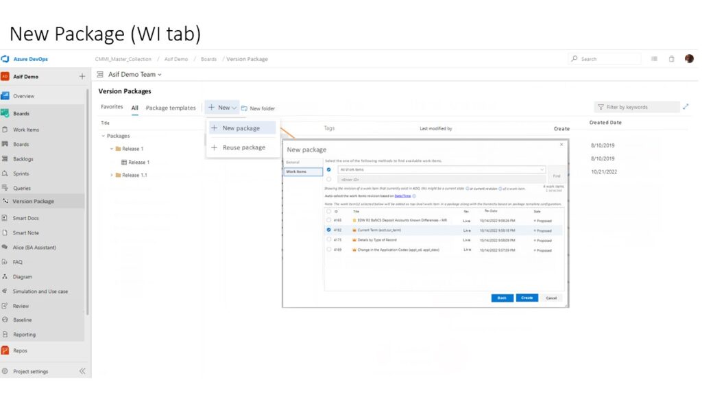 Creating a new version package in Modern Requirements4DevOps