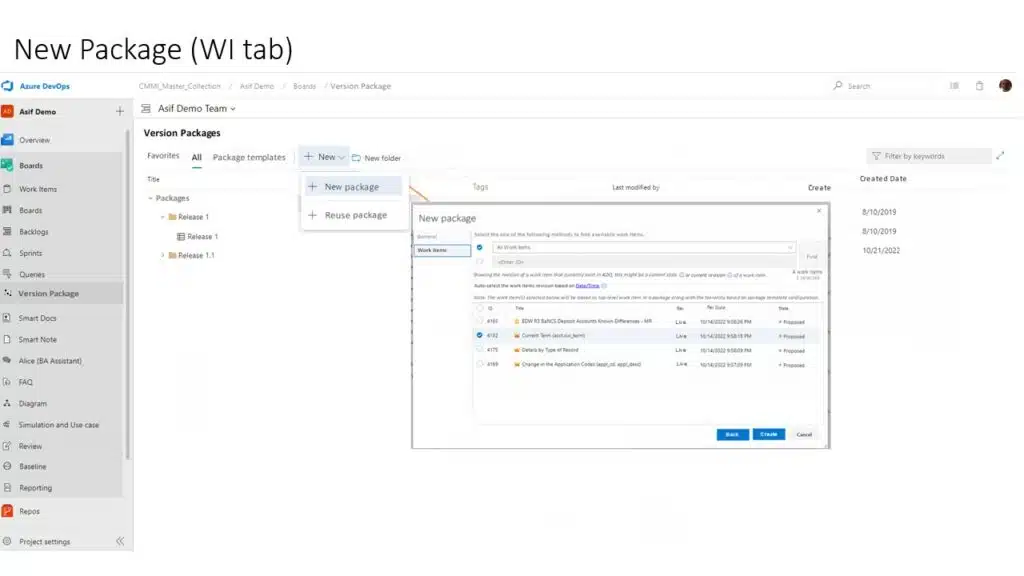 Creating a new version package in Modern Requirements4DevOps