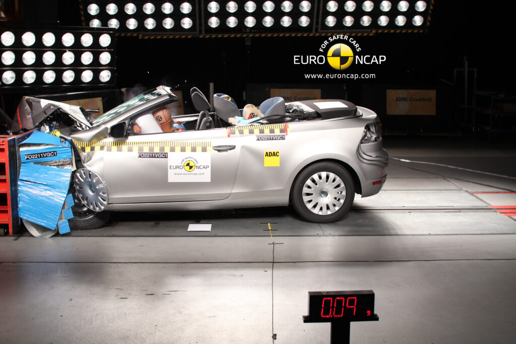 Convertible car crashing into concrete block to demonstrate Euro NCAP compliance.
