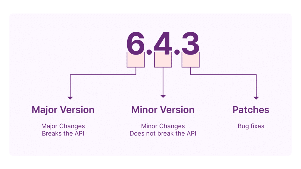 The anatomy of a major.minor.patch semantic versioning format. The version is 6.4.3