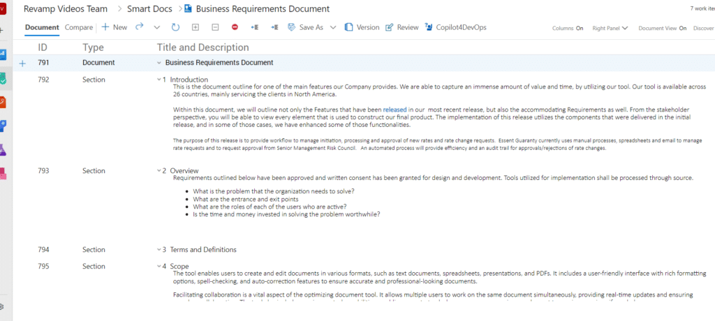 User interface of Smart Docs by Modern Requirements showing formatting and linking of requirements.