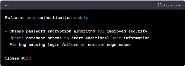 Code snippet of a commit message adhering to version control best practices.