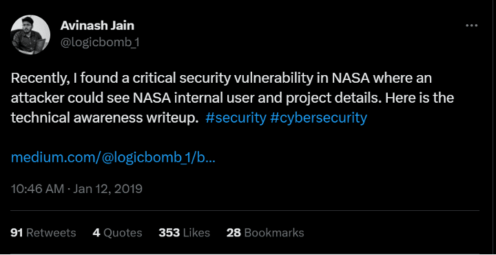 Screenshot of a Tweet by Avinash Jain saying he discovered a security vulnerability.