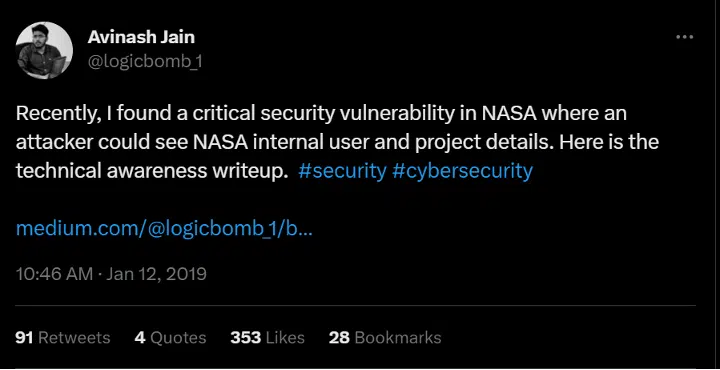 Screenshot of a Tweet by Avinash Jain saying he discovered a security vulnerability.