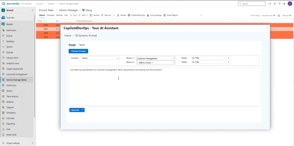 Copilot4DevOps UI in Azure DevOps showing dynamic prompts.