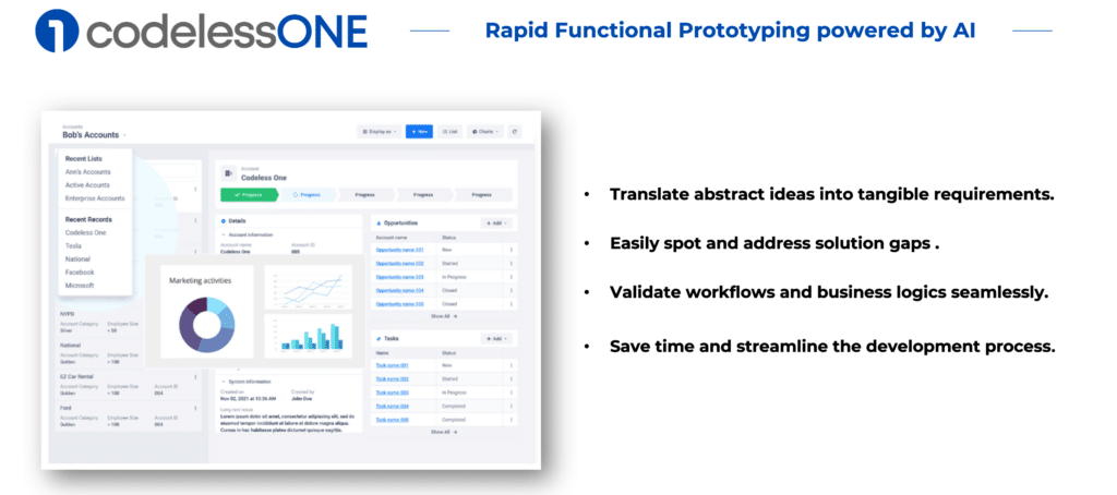 Slide showing the capabilities of Codeless One and its UI.