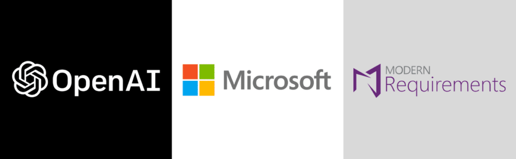 Modern Requirements logo tied closely with the Microsoft and OpenAI logos via their AI requirements management solution.