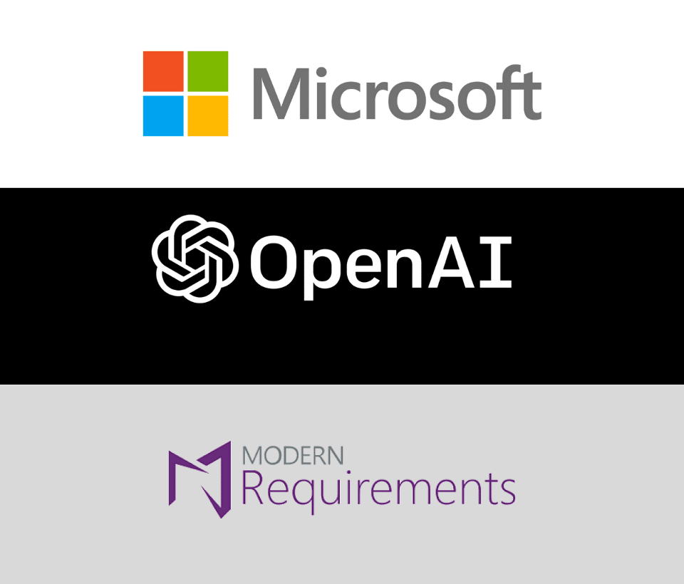 Modern Requirements logo tied closely with the Microsoft and OpenAI logos via their AI requirements management solution.