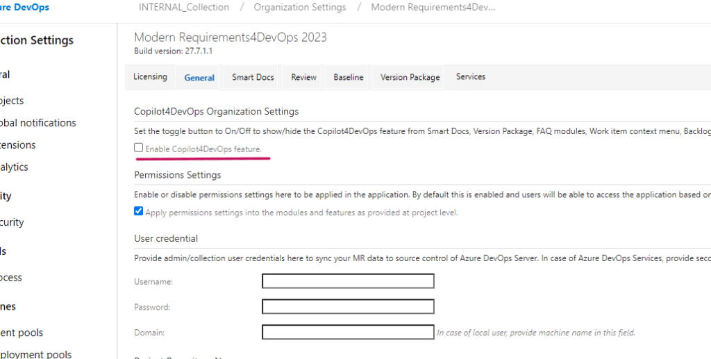 User interface of Copilot4DevOps by Modern Requirements showing its on/off button.