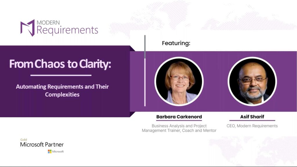 Modern Requirements and Barbara Carkenord webinar banner in purple and white with geometrical layout.