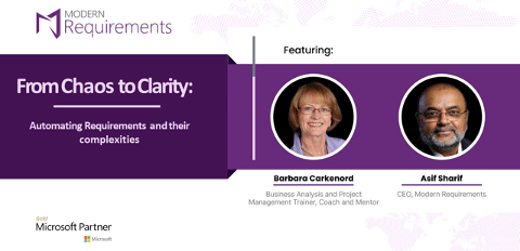 Modern Requirements and Barbara Carkenord webinar banner in purple and white with geometrical layout.