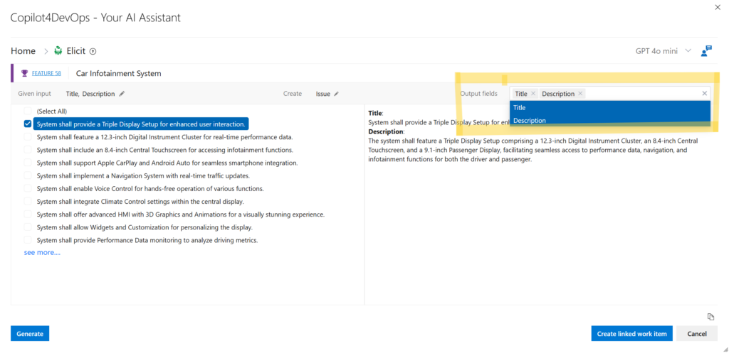 UI of Copilot4DevOps showing the "Output Field" options.