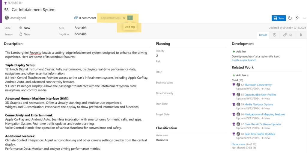 UI showing tagging and assignment of work items in Modern Requirements4DevOps