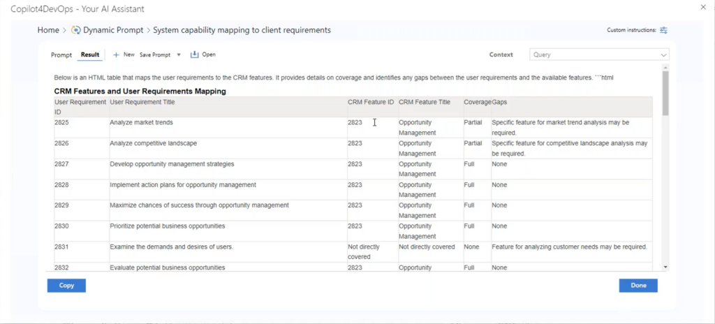 UI showing Copilot4DevOps Plus and the results of its Dynamic Prompt capabilities on Azure DevOps.