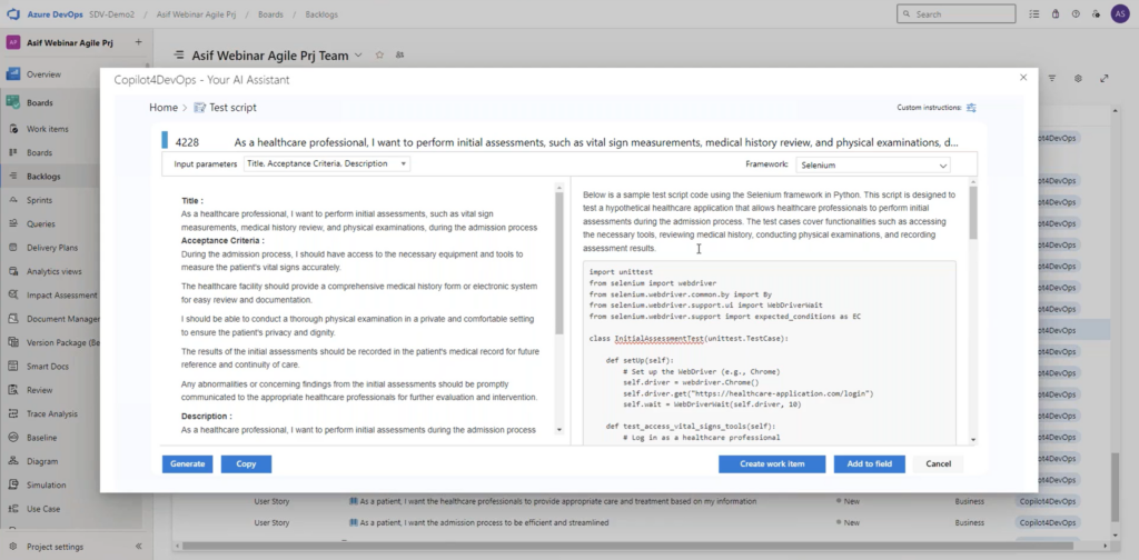 UI showing Copilot4DevOps Plus and its test script generation capabilities on Azure DevOps.