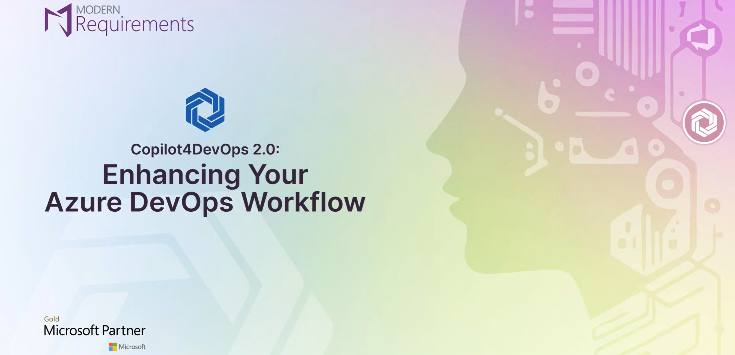 Graphic showing a circuitboard face on the right and information about Modern Requirements and Copilot4DevOps on the left.