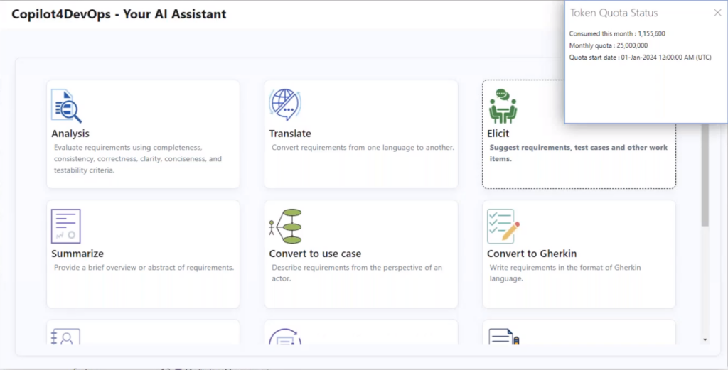 UI showing Copilot4DevOps Plus and its Token Quota Status indicator.