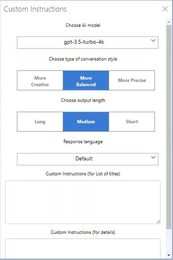 UI showing Custom Instructions feature of AI Azure DevOps tool Copilot4DevOps Plus, with "More balanced," "Medium," and "Default" options selected.