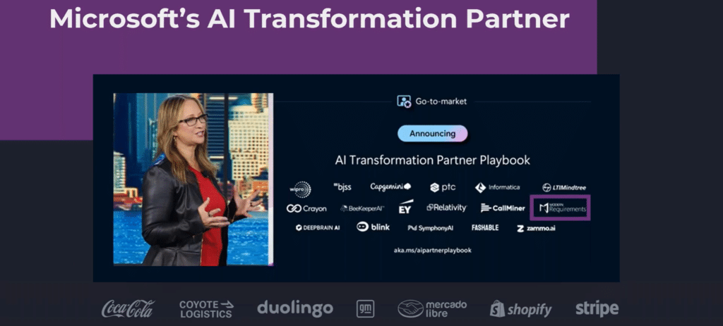 Graphics of Microsoft's AI transformation partners with the Modern Requirements logo highlighted.