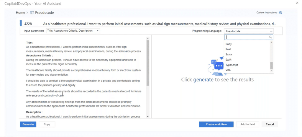 UI showing pseudocode generation by Copilot4DevOps Plus within Azure DevOps