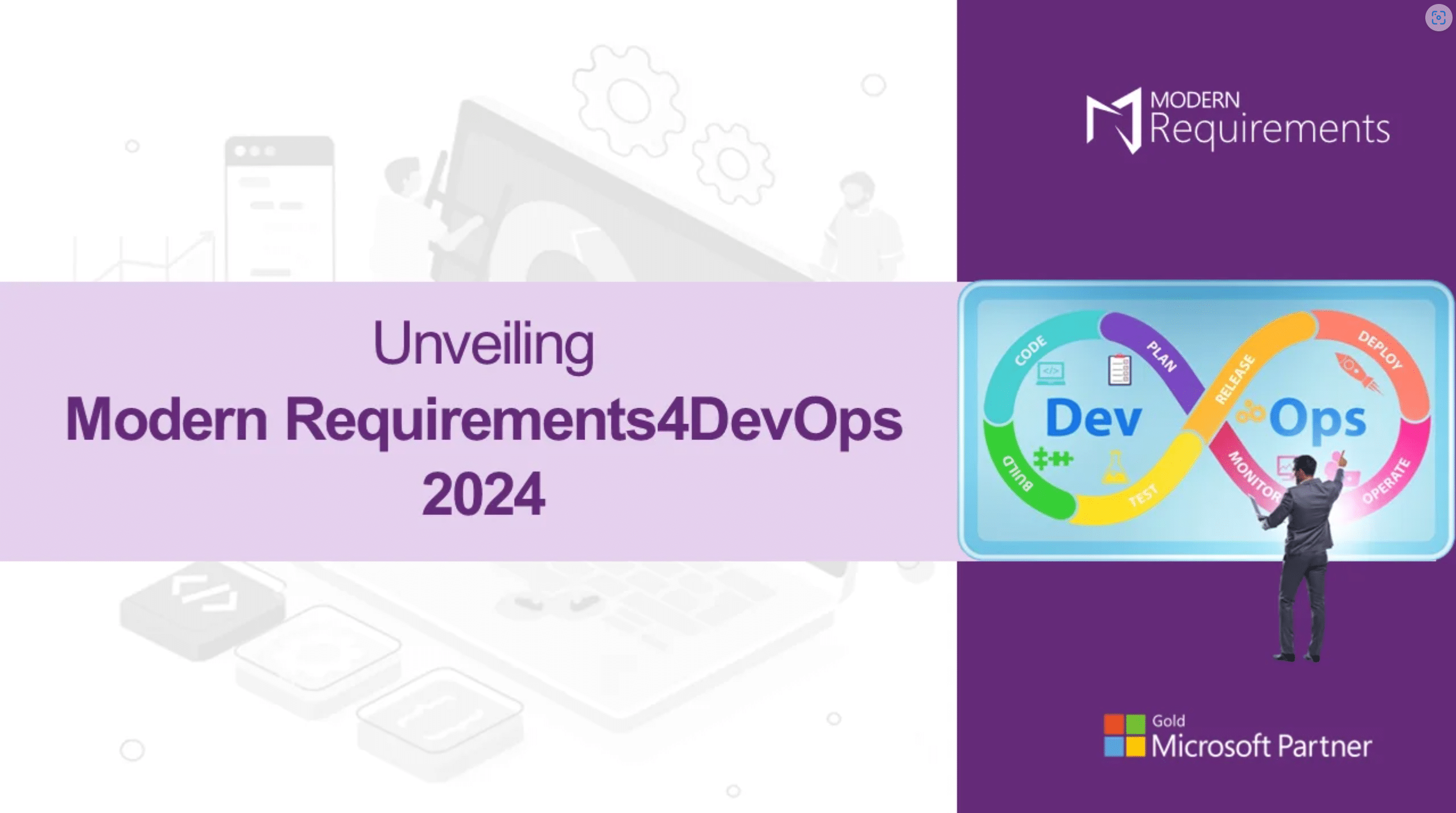 Modern Requirements4DevOps 2024 Vnext webinar image with text on the left and the DevOps cycle on the right.