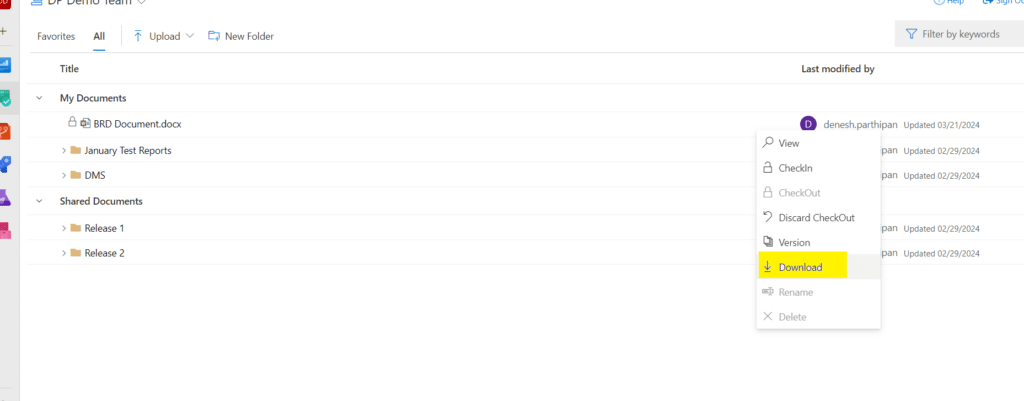 UI of Document Management System by Modern Requirements highlighting the download button.