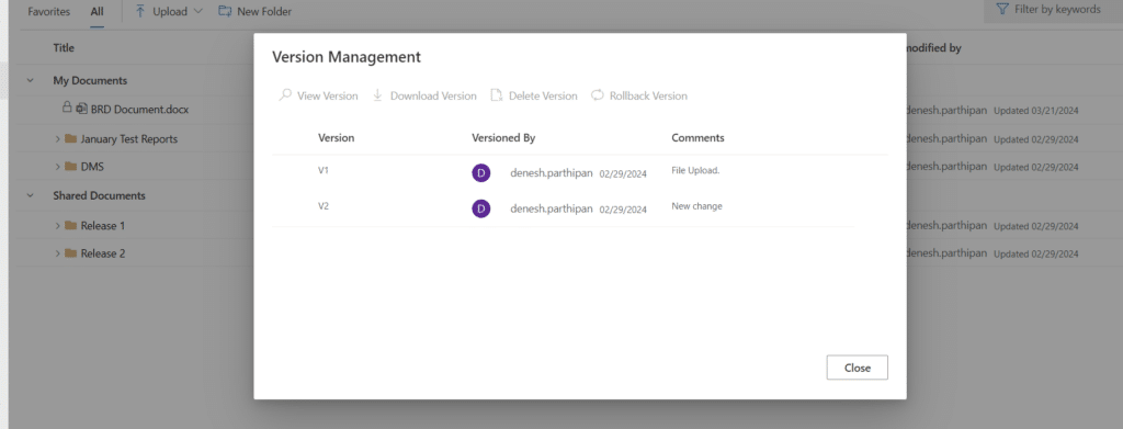 UI of Document Management System by Modern Requirements showing the previous versions of a selected document.