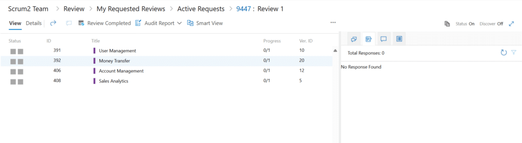 UI of reviews assigned and/or completed on Modern Requirements4DevOps