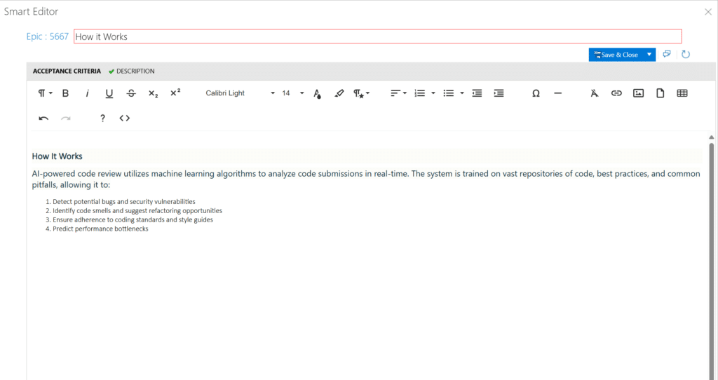 Screenshot demonstrating Smart Docs' markup and editing features for collaborative requirement authoring.