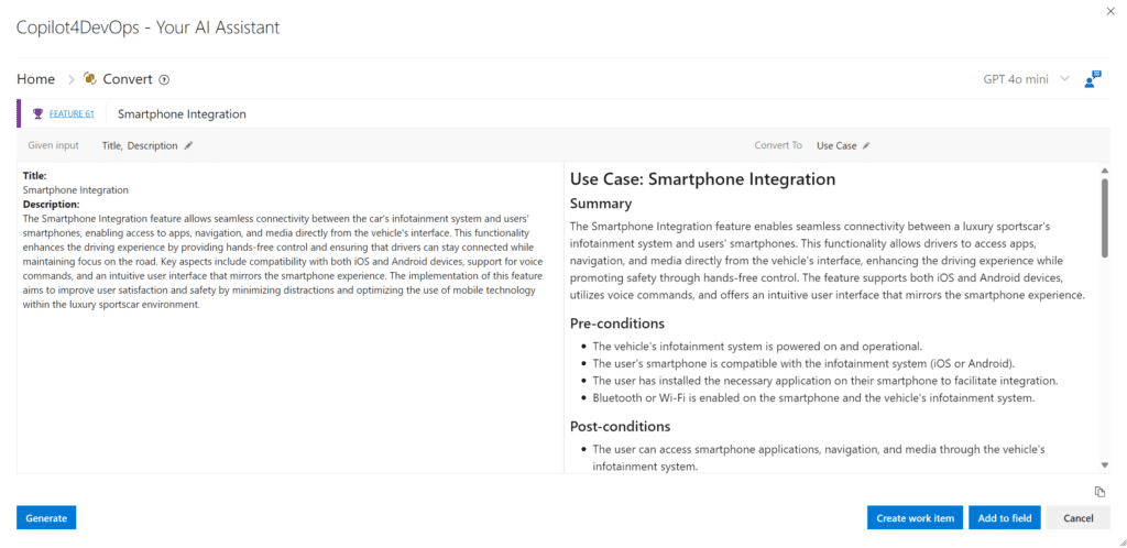 Copilot4DevOps's "Convert to Use Case" feature to transform requirements into structured, detailed use cases.