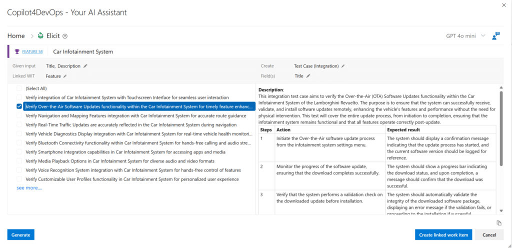 Dashboard displaying the Elicit feature in Copilot4DevOps for generating requirements.
