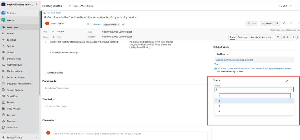 Modern Requiremetnts4DevOps dashboard displaying requirement prioritization options in a work item.