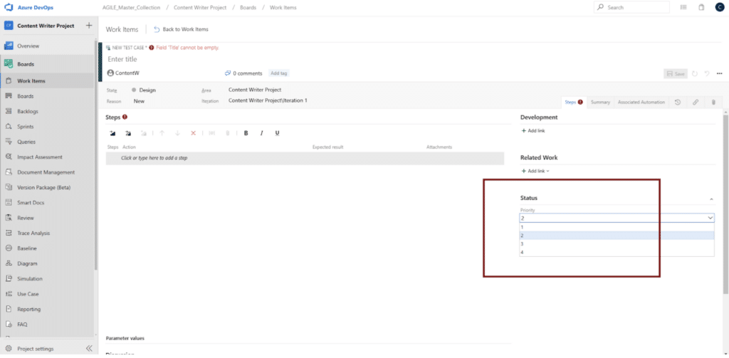 Modern Requiremetnts4DevOps dashboard displaying requirement prioritization options in a work item.