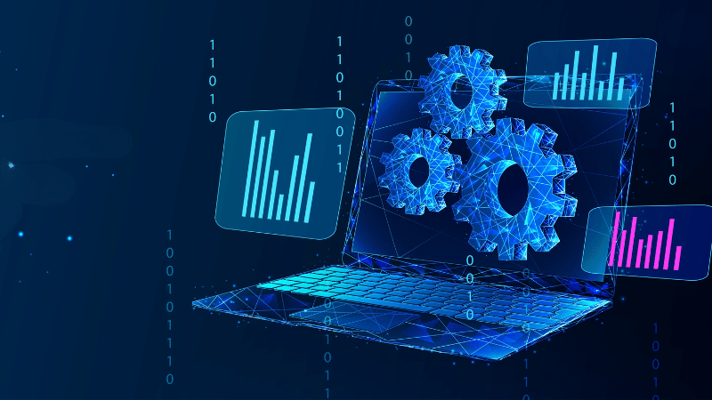 Futuristic digital illustration of a laptop displaying data analytics and gear mechanisms.