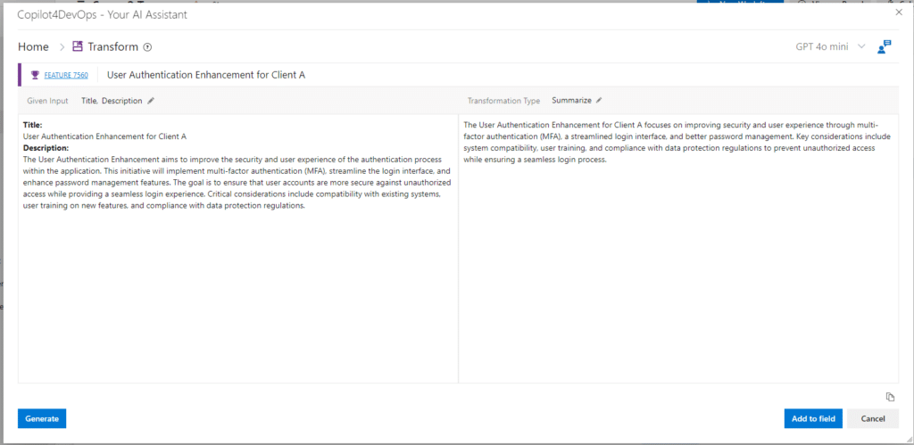 Dashboard displaying the Summarize feature in Copilot4DevOps for refining requirements.